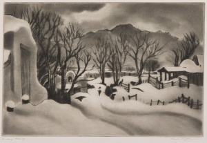 Gene Kloss, "January Evening," drypoint and aquatint. Gardiner Permanent Art Collection, 80-0058.